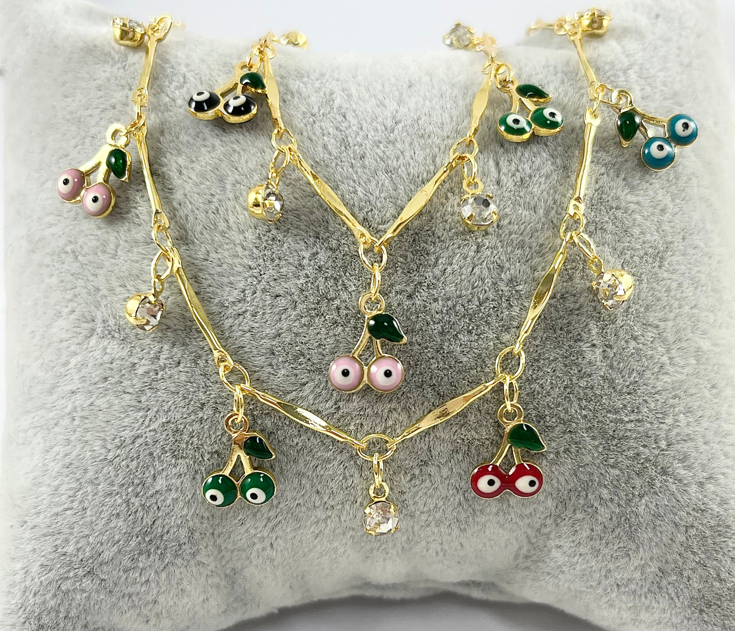 Cadena colgante chapada en oro de 18 quilates con esmalte de cereza y mal de ojo CZ para hacer pulseras, tobilleras y collares