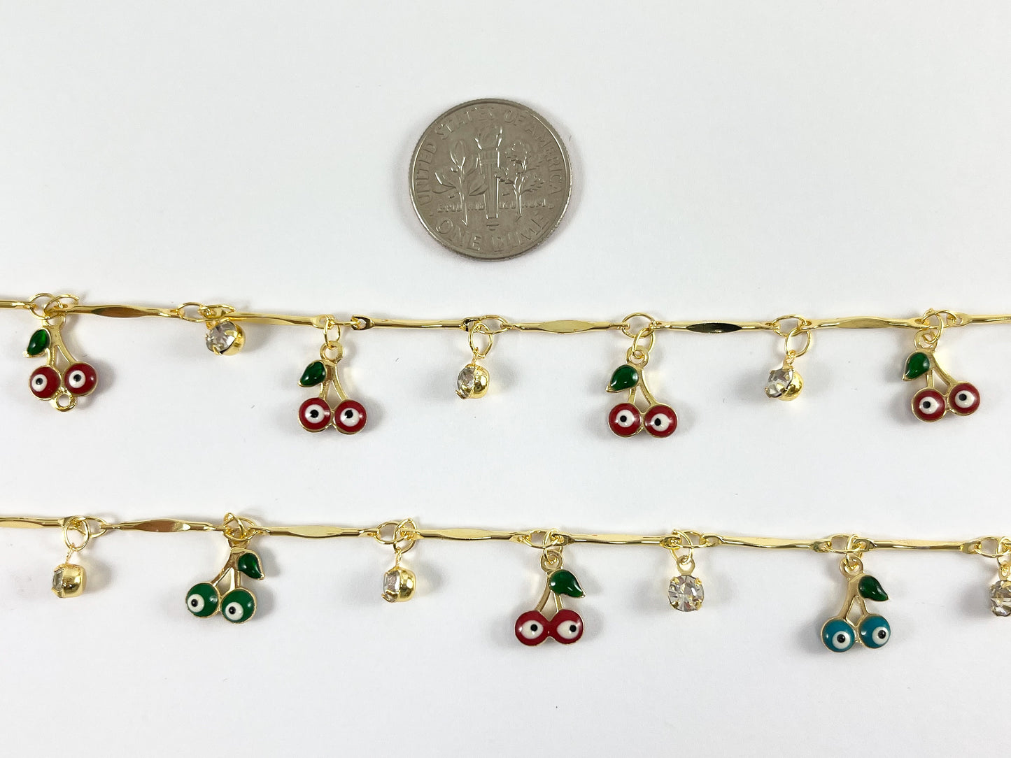 Cadena colgante chapada en oro de 18 quilates con esmalte de cereza y mal de ojo CZ para hacer pulseras, tobilleras y collares