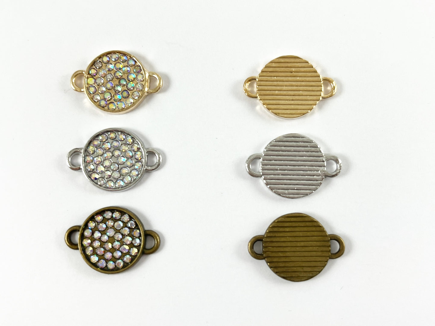 13mm Pewter Rhinestone Coin Connector Bezel 2 Loop Charm Available in Bronze, Copper, Gold, Silver and Gunmetal, Clear and Clear AB