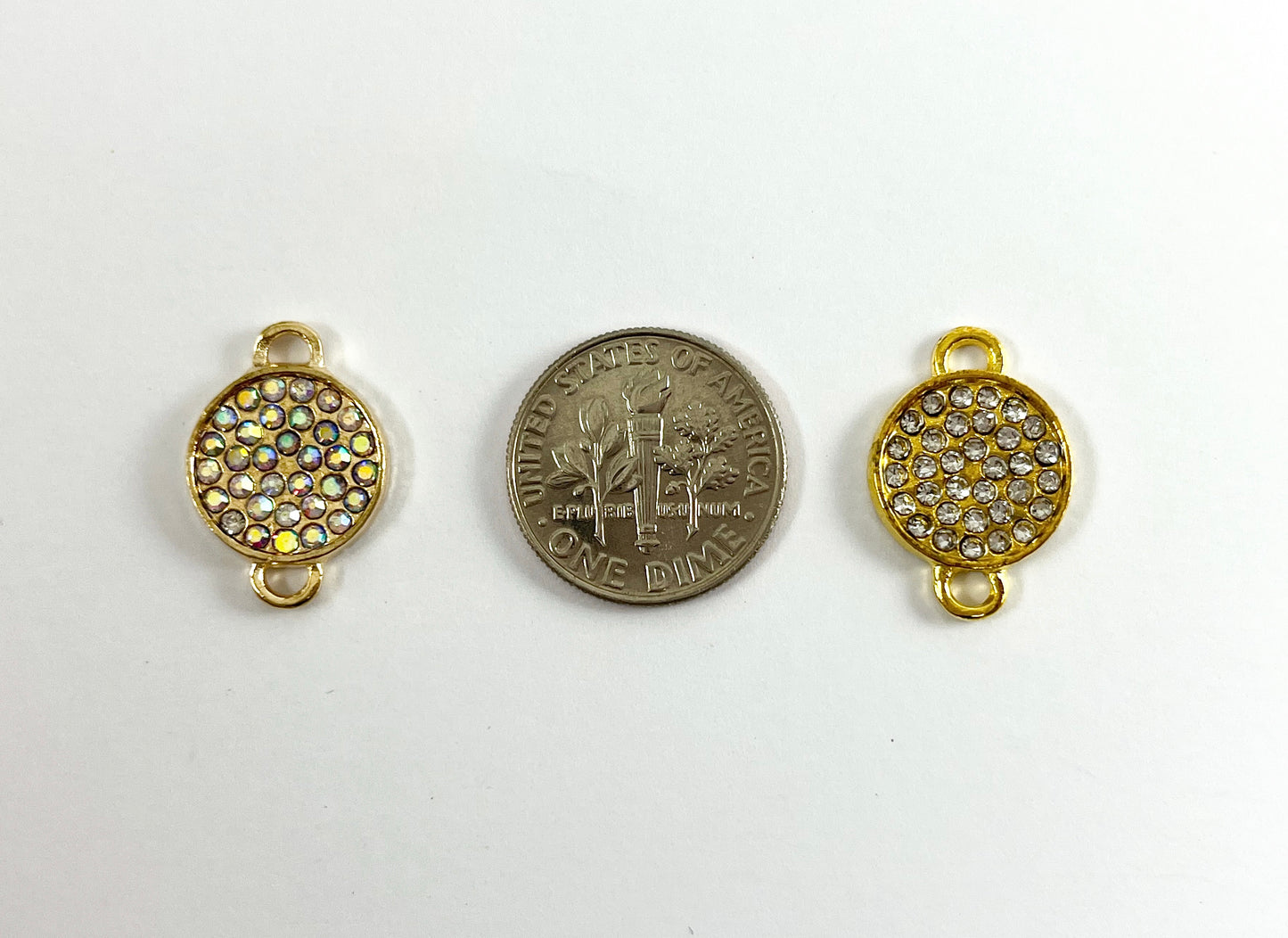 13mm Pewter Rhinestone Coin Connector Bezel 2 Loop Charm Available in Bronze, Copper, Gold, Silver and Gunmetal, Clear and Clear AB