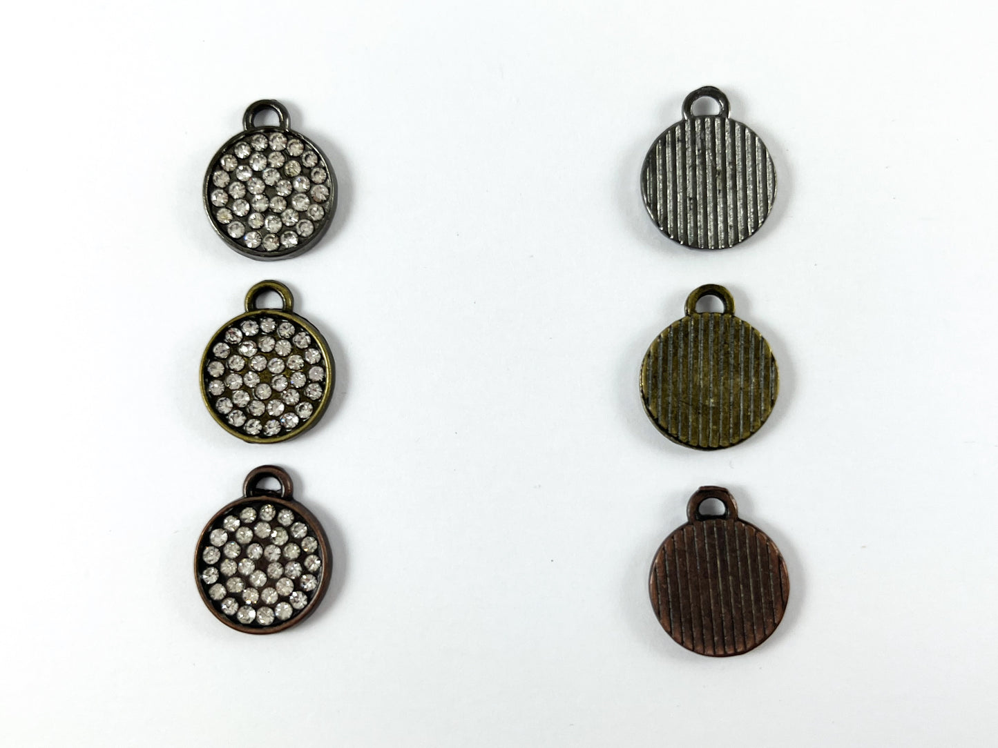 13mm Pewter Rhinestone Coin Bezel 1 Loop Charm Available in Bronze, Copper, Gold, Silver and Gunmetal, Clear and Clear AB