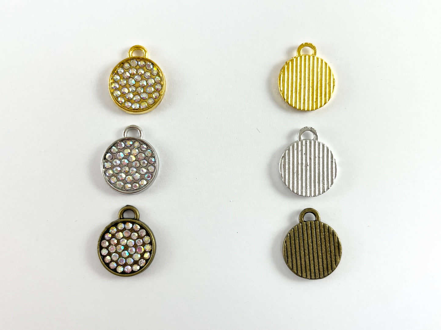 13mm Pewter Rhinestone Coin Bezel 1 Loop Charm Available in Bronze, Copper, Gold, Silver and Gunmetal, Clear and Clear AB