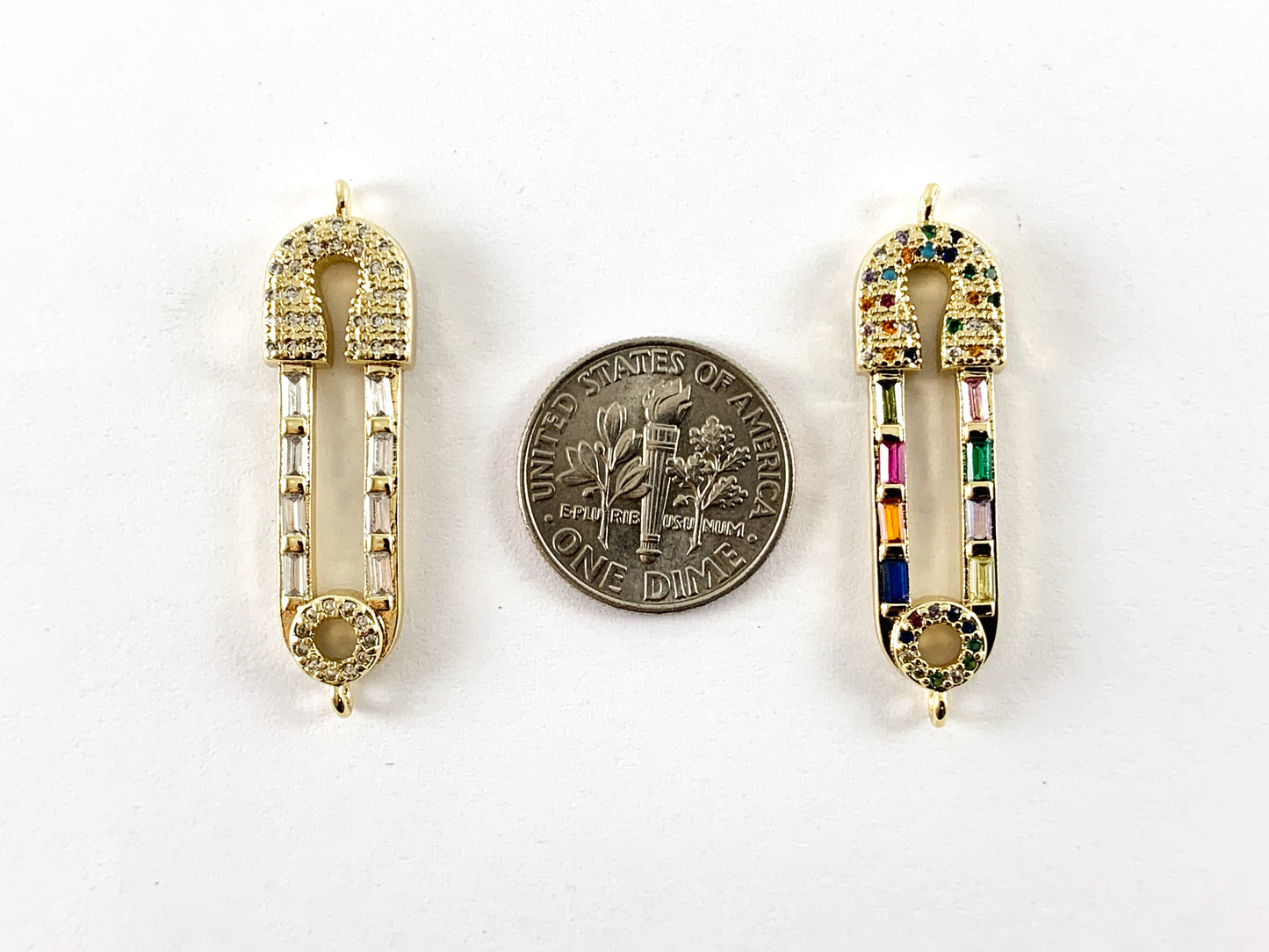 Real Gold Plated 18K Micro CZ Pave Safety Pin Connector Over Copper 4pc