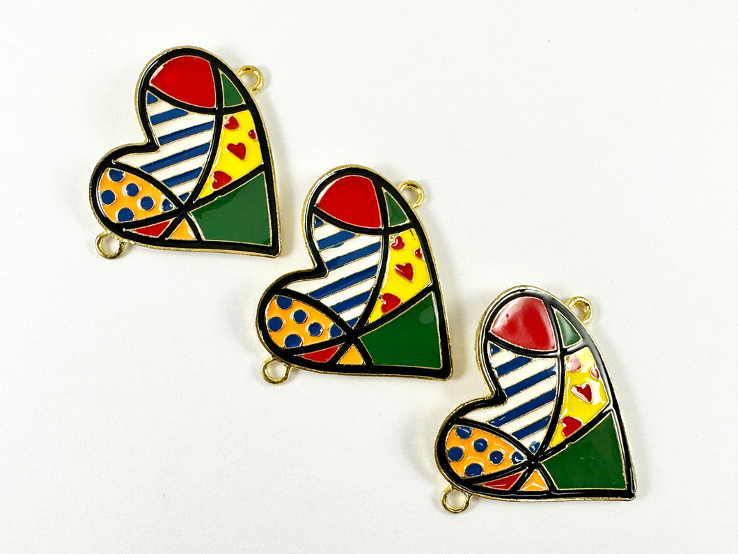 Pewter Enamel Heart Connectors Valentine's Day Large Curved Heart Charms with Colorful Enamel Plating