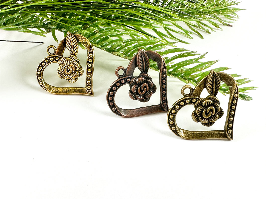 Pewter Rustic Heart With Rose Charms Valentine's Day Heart Pendants in Antique Gold, Copper and Bronze Color