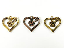 Load image into Gallery viewer, Pewter Rustic Heart With Rose Charms Valentine&#39;s Day Heart Pendants in Antique Gold, Copper and Bronze Color
