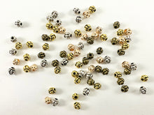 Load image into Gallery viewer, 4mm Pewter Pumpkin Shaped Ribbed Spacer Beads Tiny Space Beads for Jewelry Making Antique Gold, Rosy Gold, Silver, Bronze
