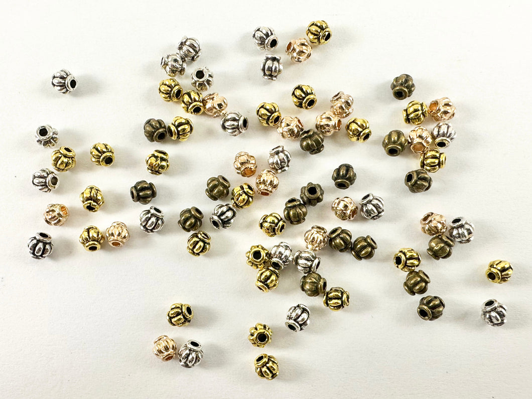 4mm Pewter Pumpkin Shaped Ribbed Spacer Beads Tiny Space Beads for Jewelry Making Antique Gold, Rosy Gold, Silver, Bronze