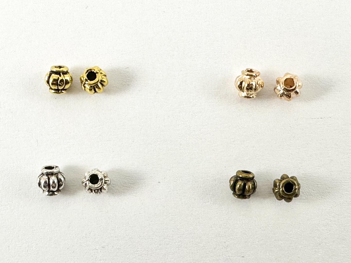 Cuentas espaciadoras acanaladas en forma de calabaza de peltre de 4mm, pequeñas cuentas espaciales para hacer joyas, oro antiguo, oro rosado, plata, bronce