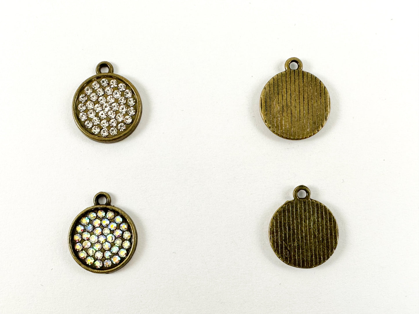 16mm Pewter Rhinestone Coin Charm Bezel 1 Loop Charm Available in Bronze, Copper, Gold, Silver and Gunmetal, Clear and Clear AB