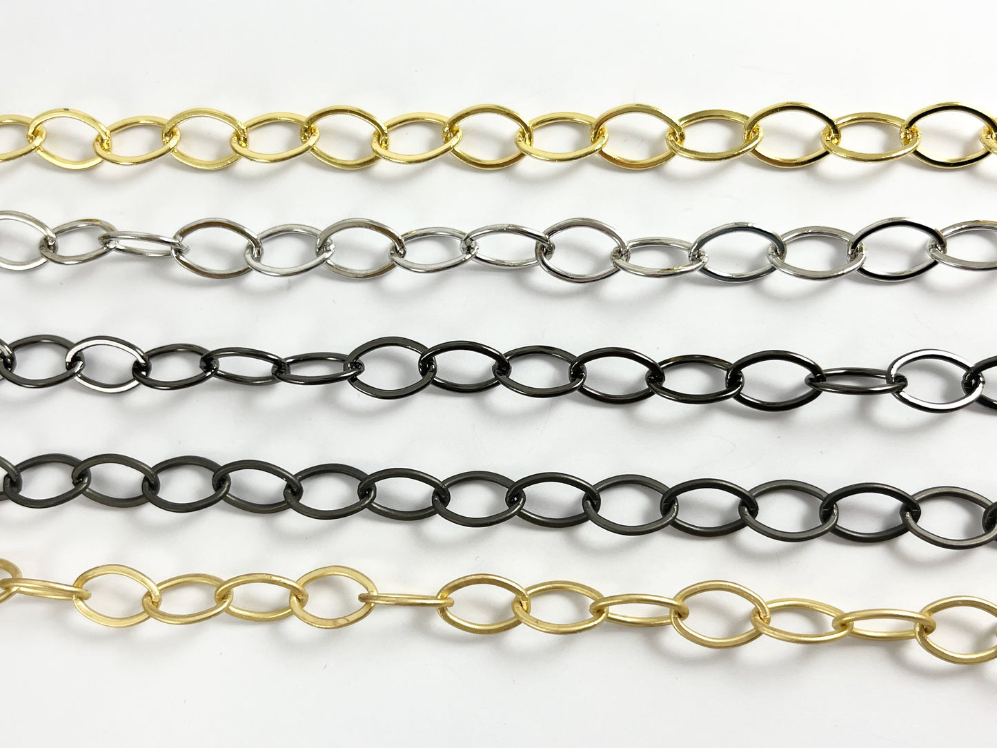 Real Gold Plated Copper Flat Oval Chain By The Yard in Gold, Silver, Gunmetal, Matte Gunmetal and Matte Gold Color