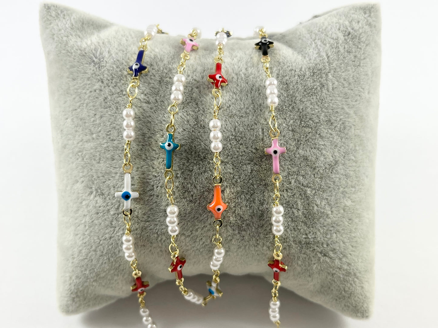 Real Gold 18K Plated Multicolor Enamel Cross Evil Eye with Imitation Pearl Chain By The Yard For Jewelry Making/Designs