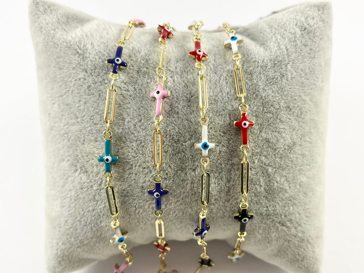 Real Gold 18K Plated Multicolor Enamel Cross Evil Eye with Imitation Pearl Chain By The Yard For Jewelry Making/Designs