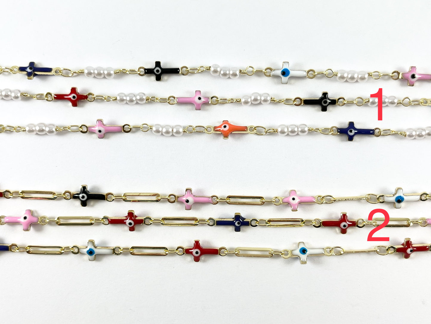 Real Gold 18K Plated Multicolor Enamel Cross Evil Eye with Imitation Pearl Chain By The Yard For Jewelry Making/Designs
