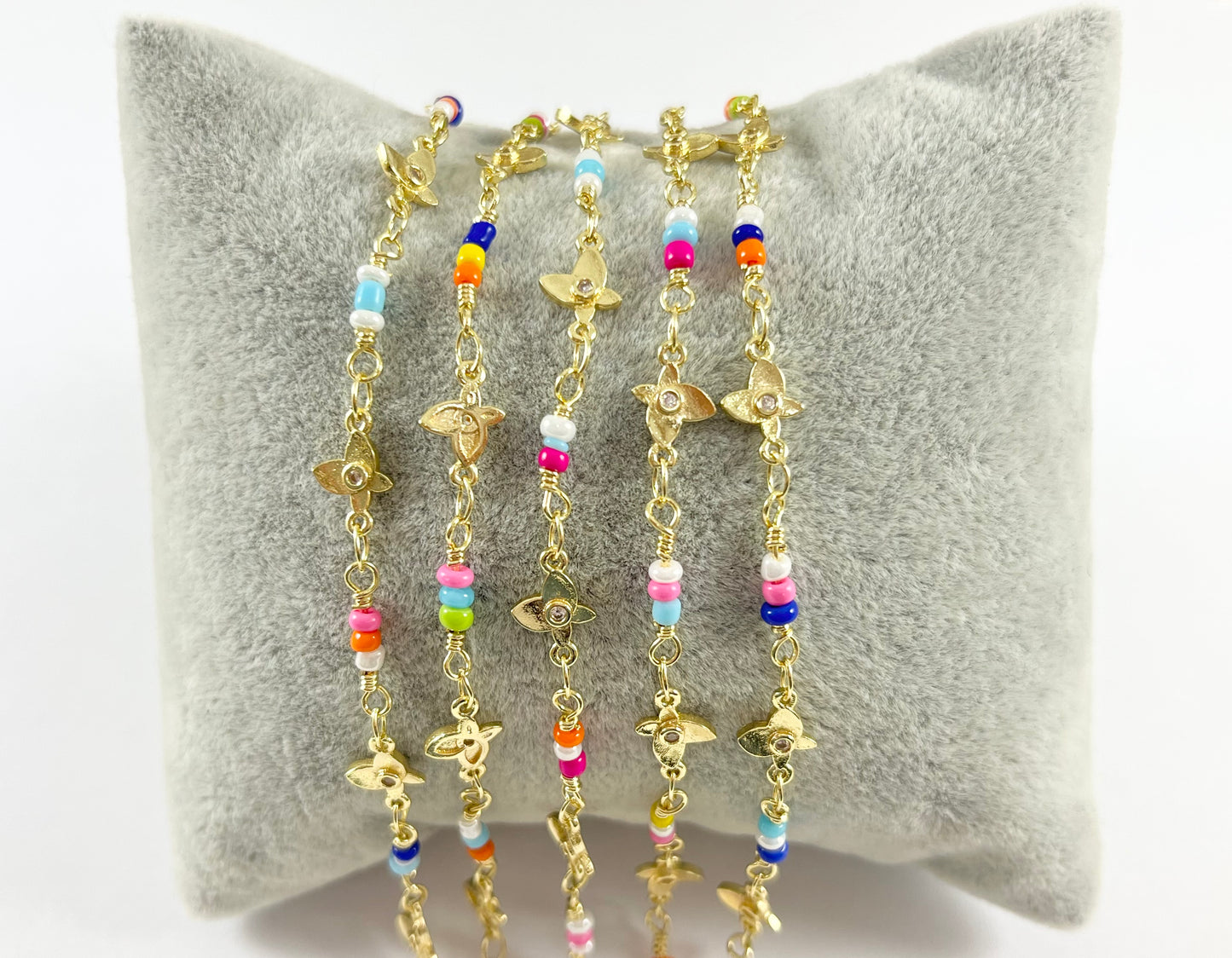 18K Gold Plated Copper Festival Multicolor Seed Bead with CZ Heart & Butterfly Chain For Jewelry Making and Designs