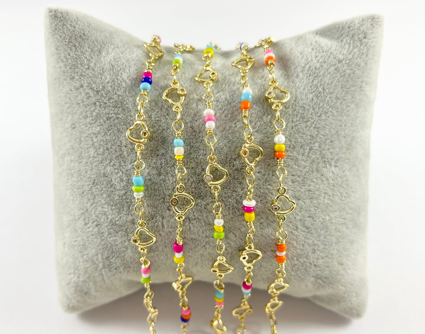 18K Gold Plated Copper Festival Multicolor Seed Bead with CZ Heart & Butterfly Chain For Jewelry Making and Designs