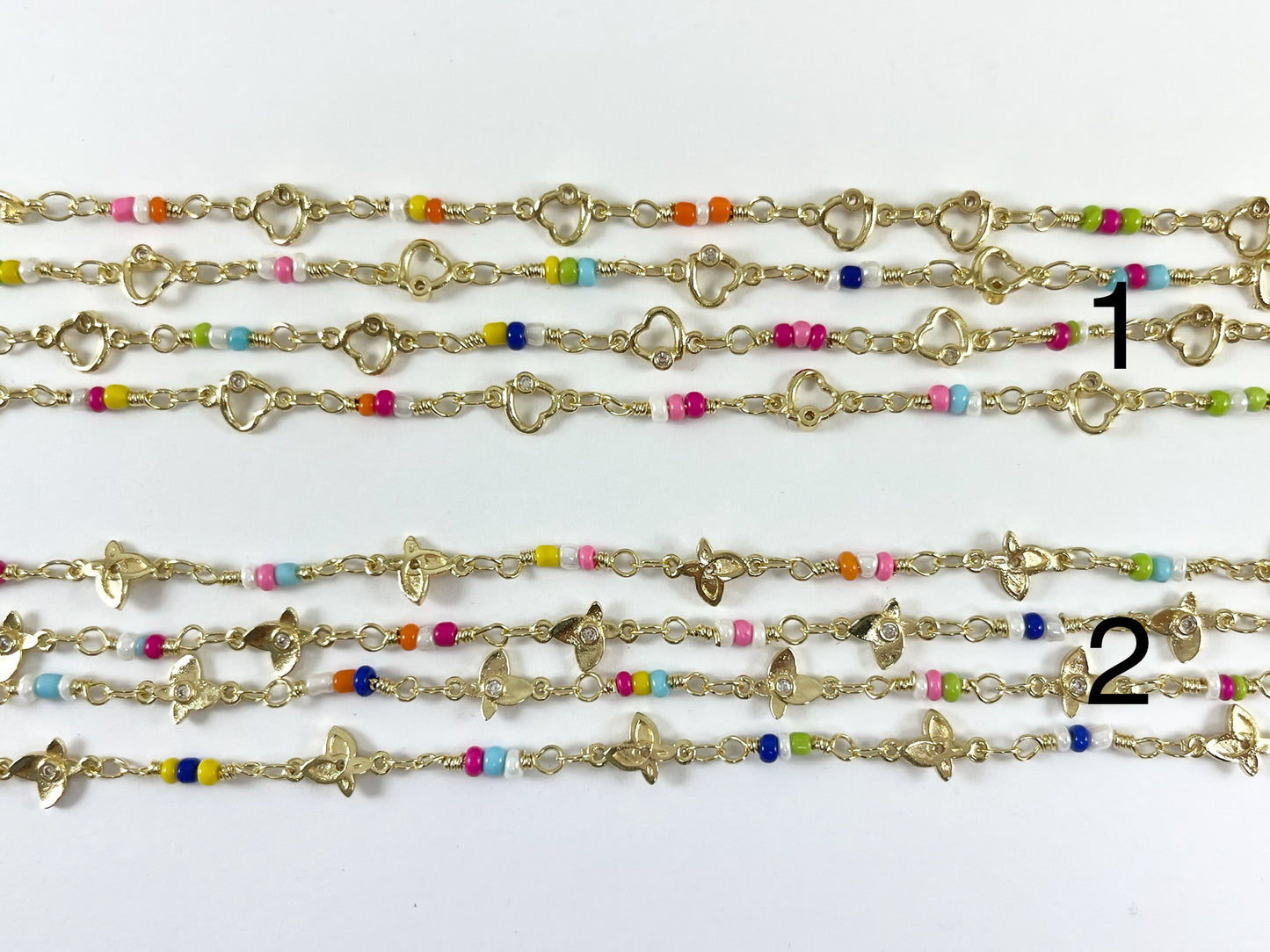 18K Gold Plated Copper Festival Multicolor Seed Bead with CZ Heart & Butterfly Chain For Jewelry Making and Designs