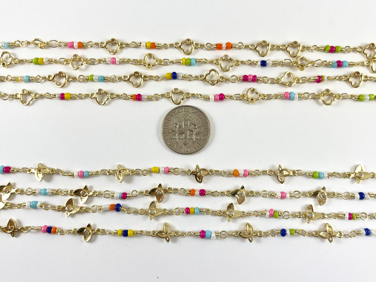 18K Gold Plated Copper Festival Multicolor Seed Bead with CZ Heart & Butterfly Chain For Jewelry Making and Designs