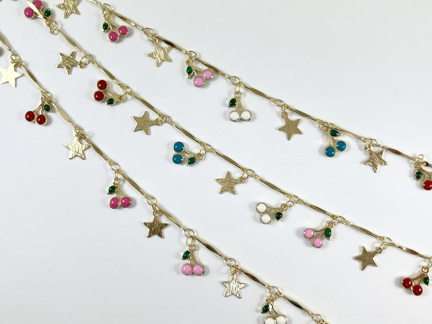 Cadena colgante de cereza y estrella de cobre chapada en oro de 18 quilates cortada a medida para hacer pulseras, tobilleras y collares