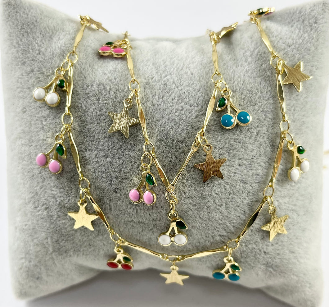 18K Gold Plated Enamel Plated Copper Cherry & Star Dangle Chain By The Yard For Bracelets, Anklets and Necklaces Making