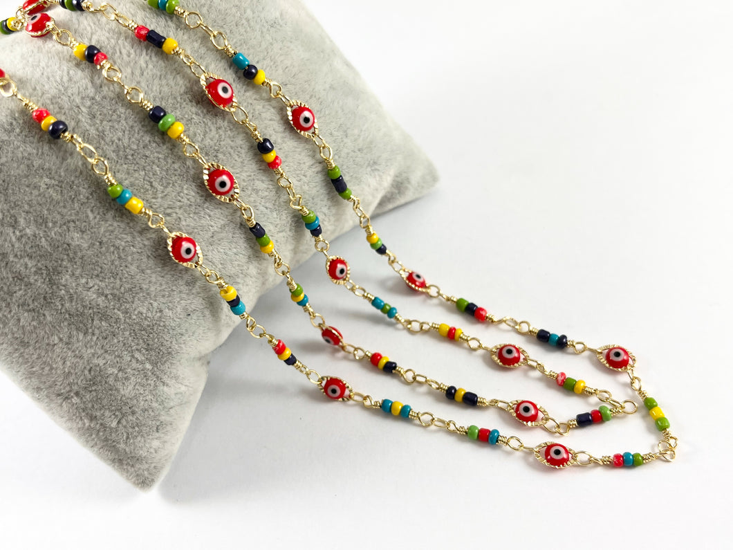 18K Gold Plated Copper Festival Multicolor Seed Bead with Red Evil Eye Chain By The Yard For Jewelry Making and Designs