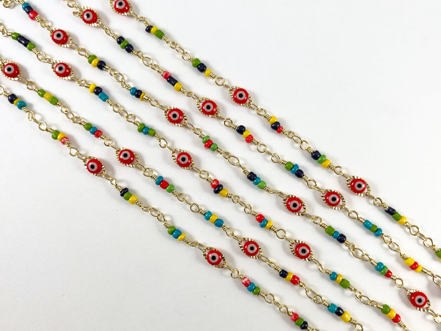 18K Gold Plated Copper Festival Multicolor Seed Bead with Red Evil Eye Chain By The Yard For Jewelry Making and Designs