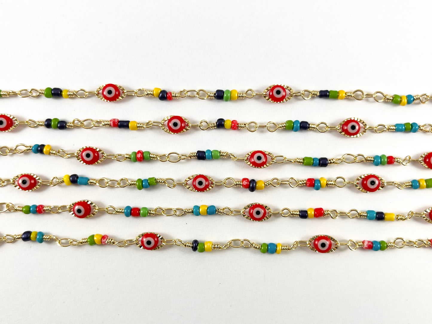 18K Gold Plated Copper Festival Multicolor Seed Bead with Red Evil Eye Chain By The Yard For Jewelry Making and Designs