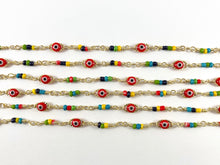 Load image into Gallery viewer, 18K Gold Plated Copper Festival Multicolor Seed Bead with Red Evil Eye Chain By The Yard For Jewelry Making and Designs
