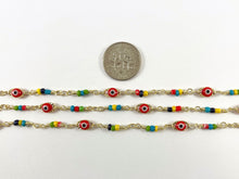 Load image into Gallery viewer, 18K Gold Plated Copper Festival Multicolor Seed Bead with Red Evil Eye Chain By The Yard For Jewelry Making and Designs
