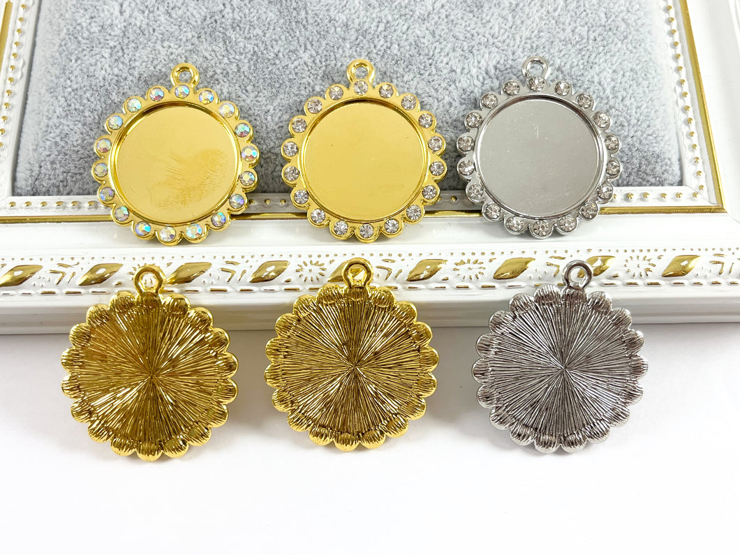 35mm Pewter Base Metal Rhinestone Coin Flower Bezel Tray Pendant Available in Gold and  Silver, Clear and Clear AB