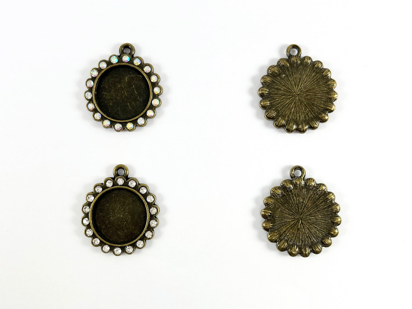 25mm Pewter Base Metal Rhinestone Coin Flower Bezel Tray Pendant Available in Gold , Silver and Brass, Clear and Clear AB