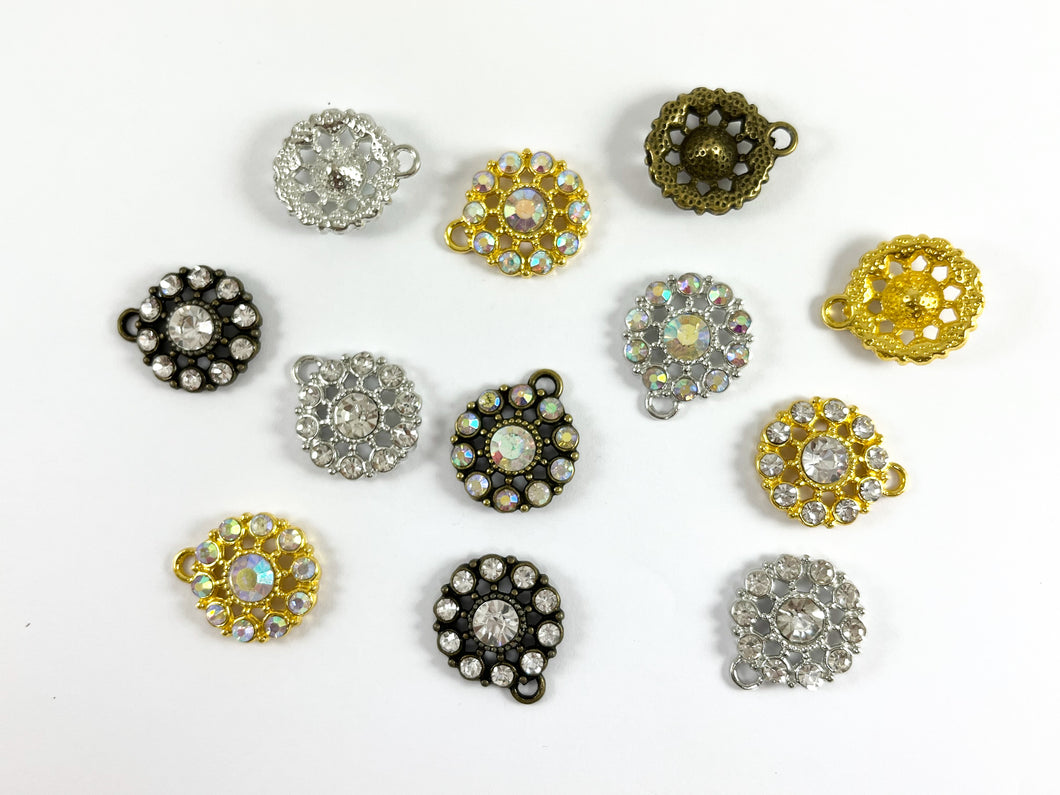 21mm Pewter Base Metal Rhinestone Coin Flower Pendant Available in Gold , Silver and Brass, Clear and Clear AB