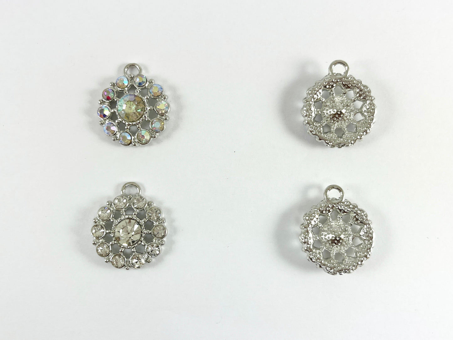 21mm Pewter Rhinestone Coin Flower Pendant Available in Gold , Silver and Brass, Clear and Clear AB