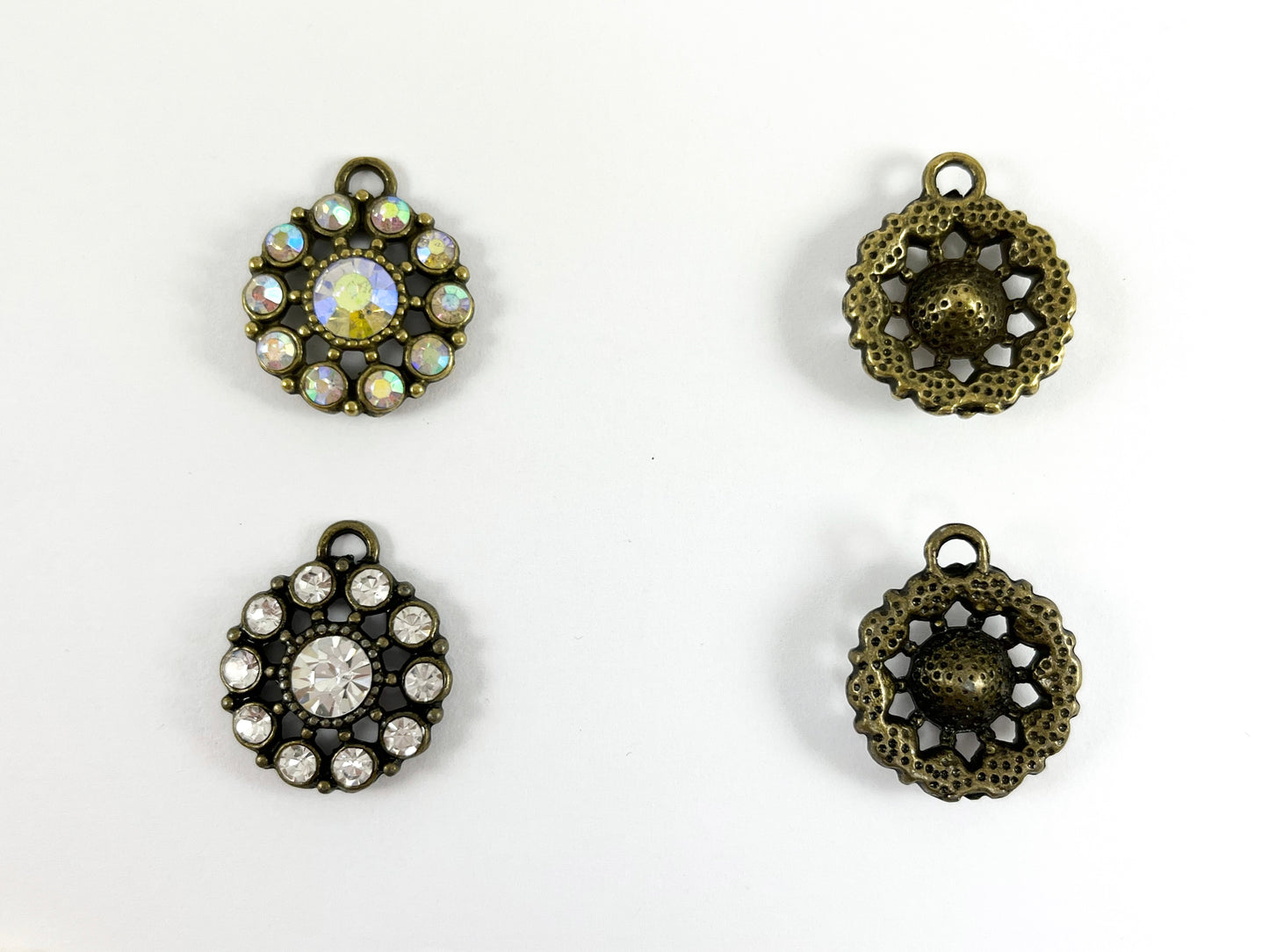 21mm Pewter Rhinestone Coin Flower Pendant Available in Gold , Silver and Brass, Clear and Clear AB