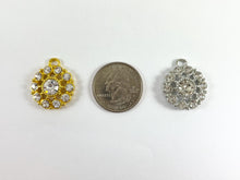 Load image into Gallery viewer, 21mm Pewter Base Metal Rhinestone Coin Flower Pendant Available in Gold , Silver and Brass, Clear and Clear AB
