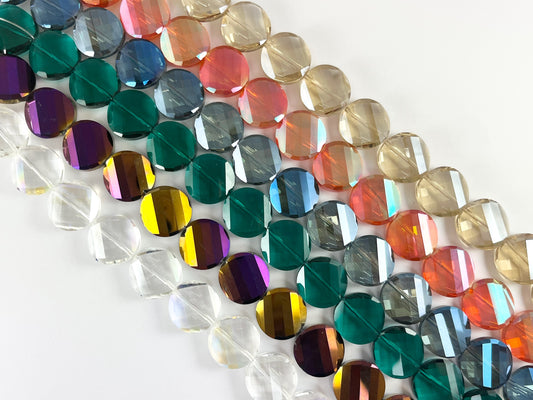 Faceted Shiny 18mm Twisted Coin Crystal Beads Dyed Glass Beads Strand 11 Colors Available!! Around 10"