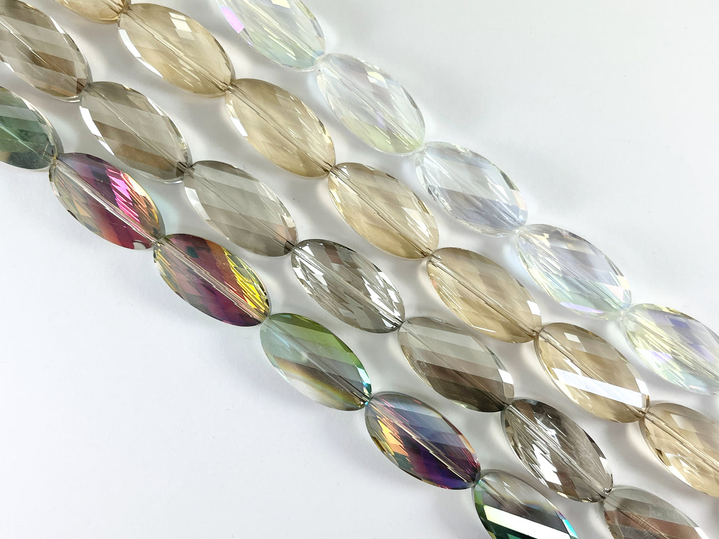 15x30mm Twisted Oval Shiny Faceted Crystal Skinny Long Oval Dyed Glass Beads 4 Colors Available Around 11"