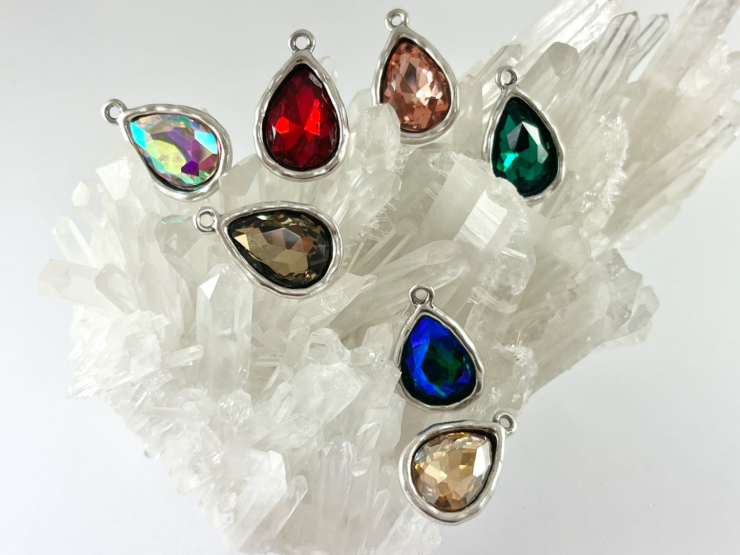 17x27mm Pewter Rhinestone Silver Base Metal Teardrop Crystal Glass Charm 6PCS