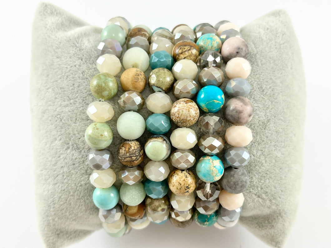 8mm Assorted Natural Stone with Shiny Crystals Stretchy Bracelets Enamel Agate/ Picture Jasper/ Amazonite/ Variscite/ Pink Zebra