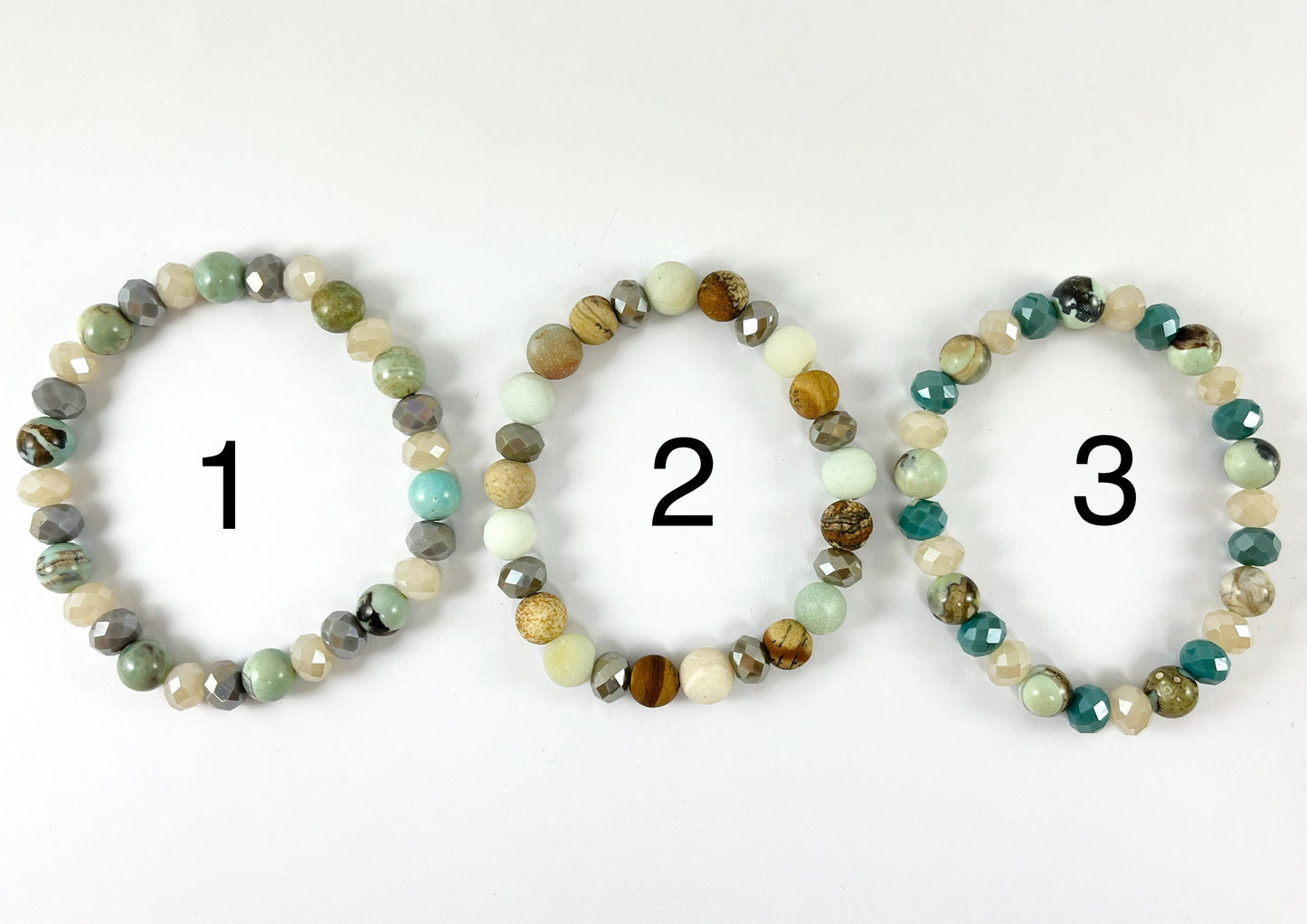 8mm Assorted Natural Stone with Shiny Crystals Stretchy Bracelets Enamel Agate/ Picture Jasper/ Amazonite/ Variscite/ Pink Zebra