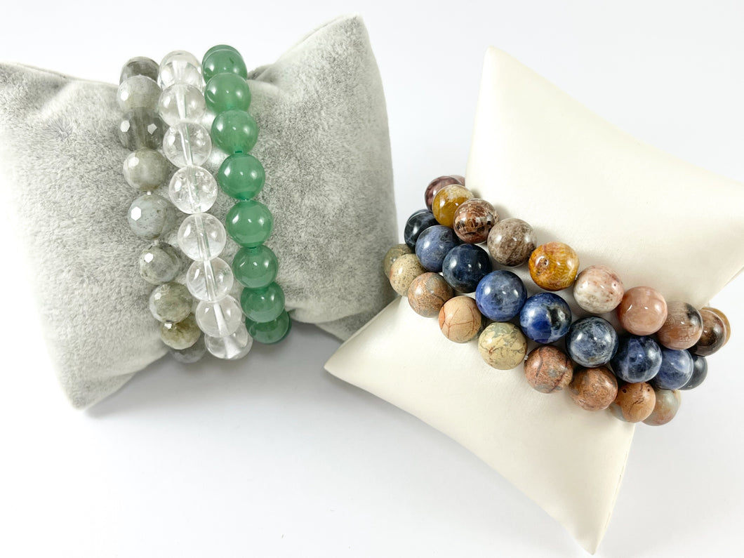 10mm Natural Stone Stretchy Bracelets Hand Cut Labradorite/ Clear Crackle Quartz/ Green Aventurine/ Aqua Terra/ Sodalite/ Coral Fossil