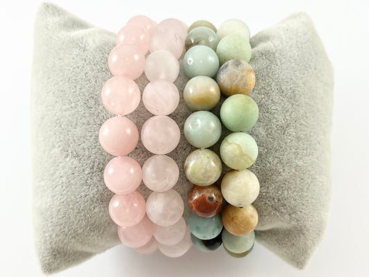 10mm Natural Stone Smooth Shiny and Matte Stretchy Bracelets Rose Quartz/ Amazonite