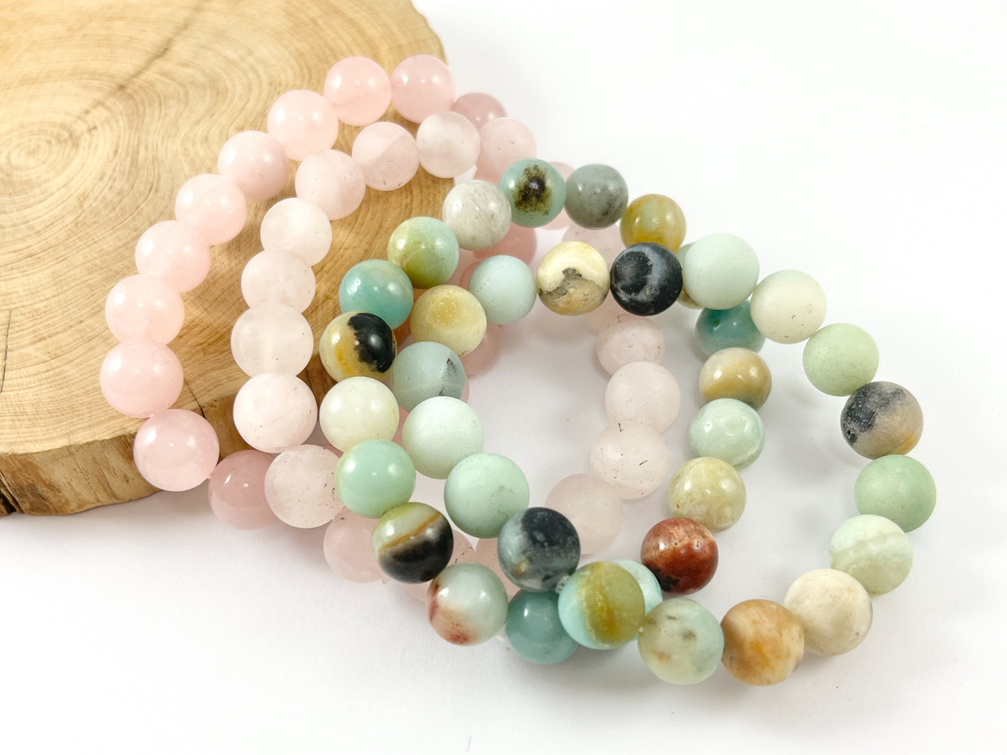10mm Natural Stone Smooth Shiny and Matte Stretchy Bracelets Rose Quartz/ Amazonite