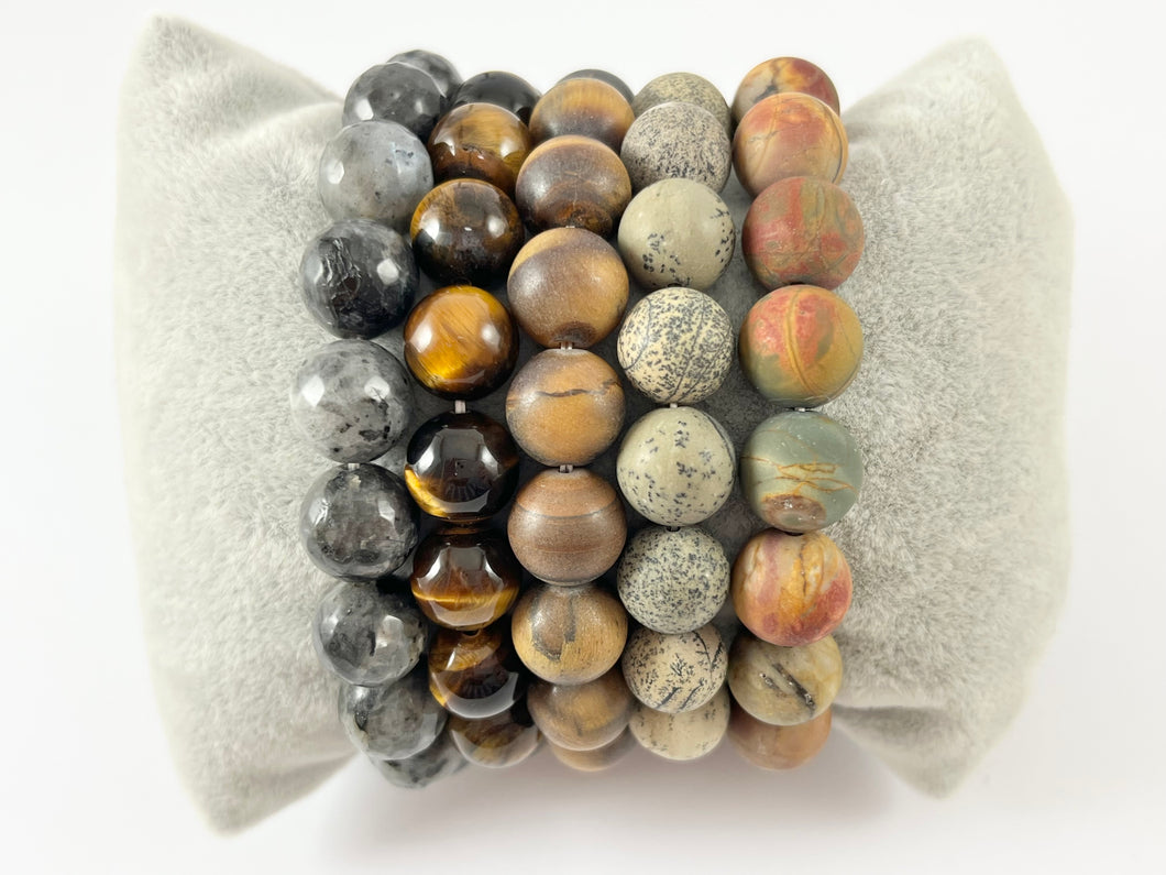 10mm Natural Stone Shiny and Matte Stretchy Bracelets Faceted Black Labradorite/ Tiger's Eye/ Matte Artistic Jasper/ Matte Picasso Jasper