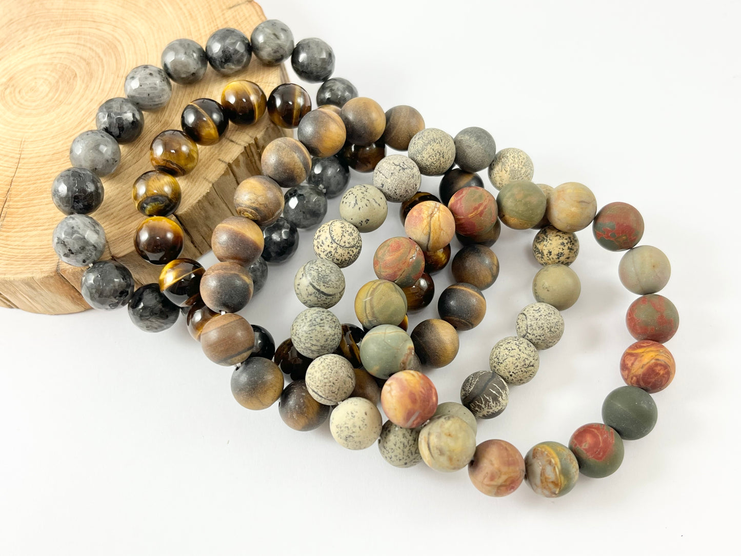 10mm Natural Stone Shiny and Matte Stretchy Bracelets Faceted Black Labradorite/ Tiger's Eye/ Matte Artistic Jasper/ Matte Picasso Jasper