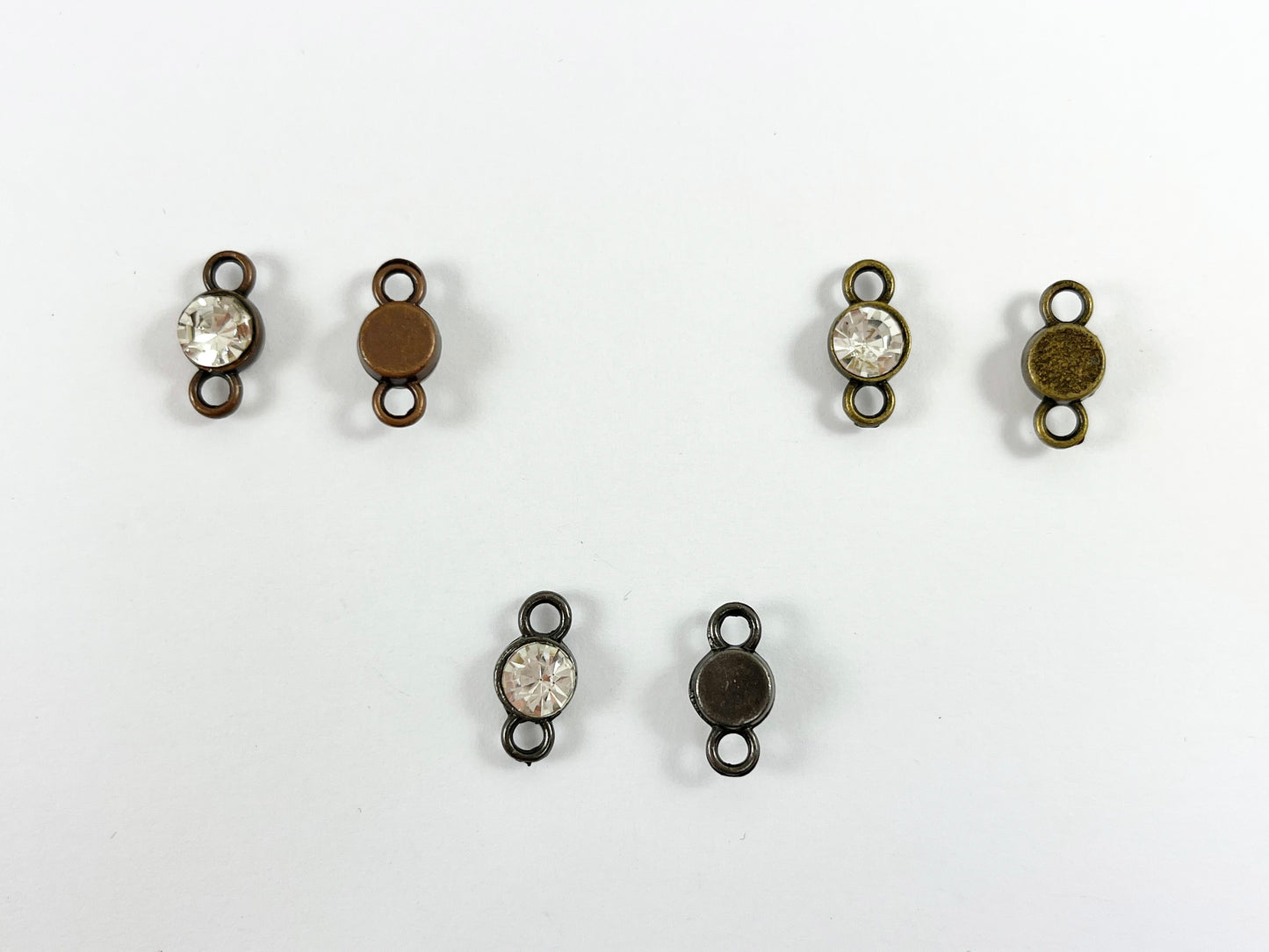 7mm Pewter Tiny Clear Crystal Mini Diamond Coin 2 Loop Connector Available in Bronze, Copper, Gold, Silver and Gunmetal 50 PCS