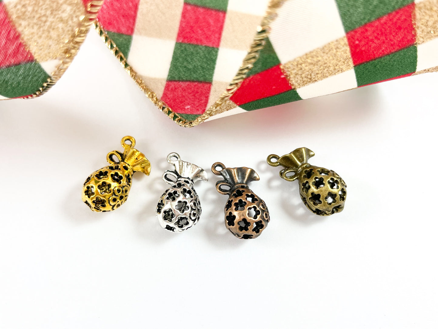 12x20mm Pewter Antique Color Christmas Sack Puffy Candy Bag Gift Bag Charm in Antique Gold, Silver, Copper and Brass 18 PCS