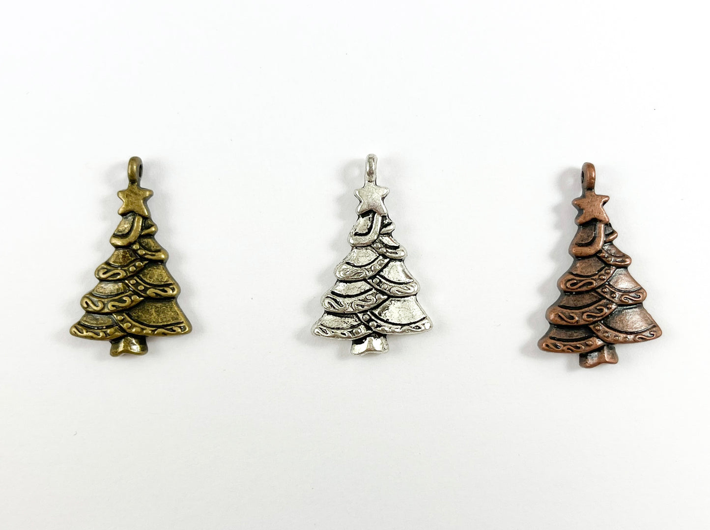 18x29mm Pewter Christmas Tree Charm in Antique Silver, Copper and Brass 125 Grams Bag