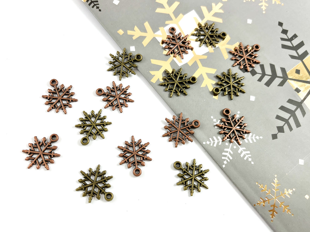 17mm Pewter Christmas Snowflake Charm Holiday Charm in Antique Copper and Brass | Bulk Option Available