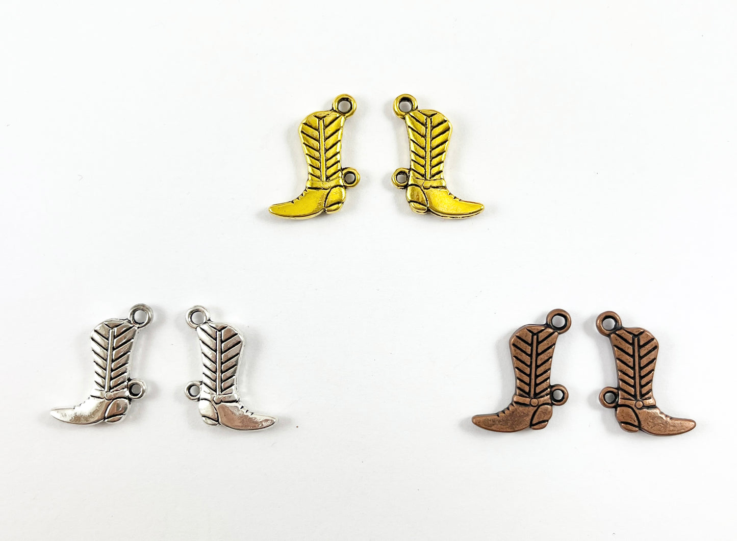 14x18mm Pewter Western Style Boots Double Sided Charm in Antique Gold, Silver And Copper | Bulk Option Available